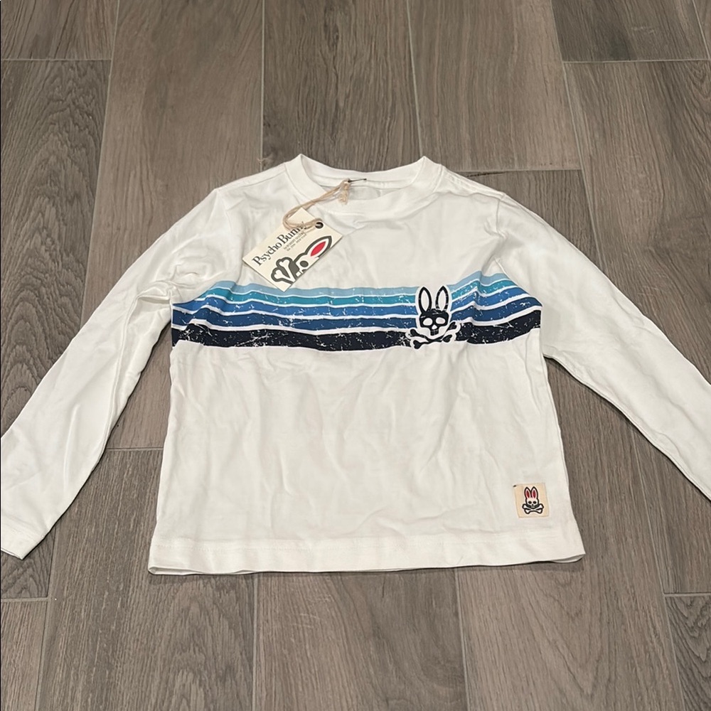 Psycho Bunny Boys White Long Sleeve Shirt with Blue Stripes Size XXS 4